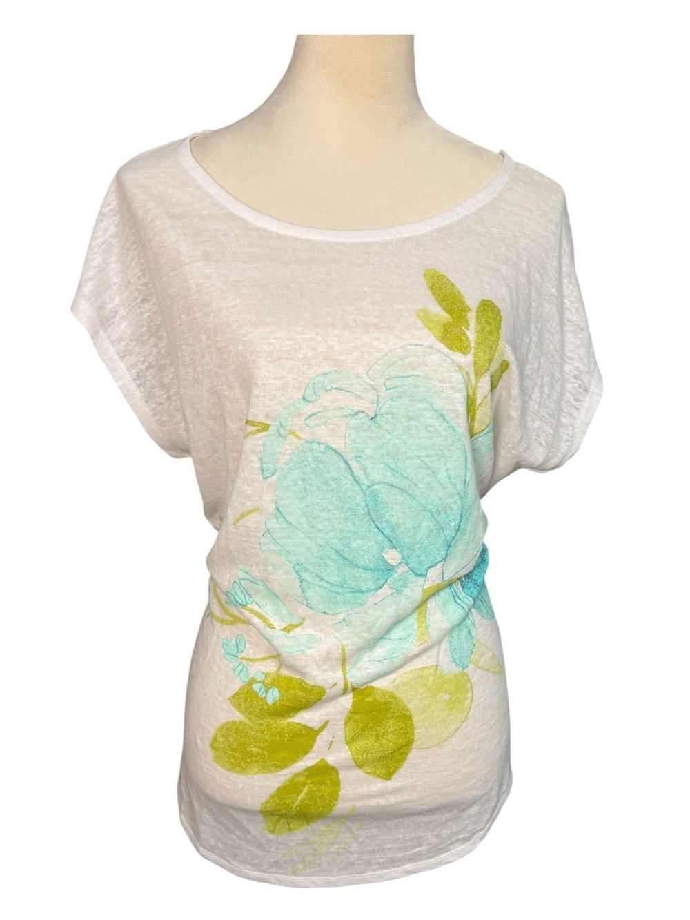 JOIE European Flax 100% Linen Slub Knit Rounded Hem Floral Tee Shirt Sz L